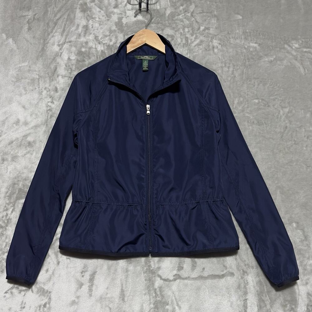 LRL Lauren Active Full Zip Peplum Windbreaker Jacket Womens M Navy Blue Preppy
